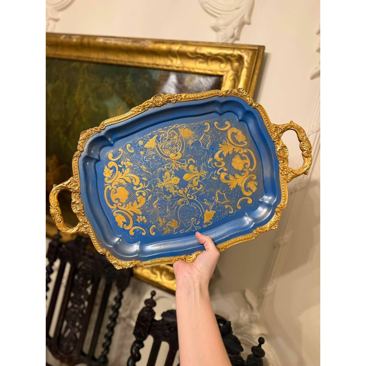 Vintage Blue & Gold Painted Metal Footed Serving Tray