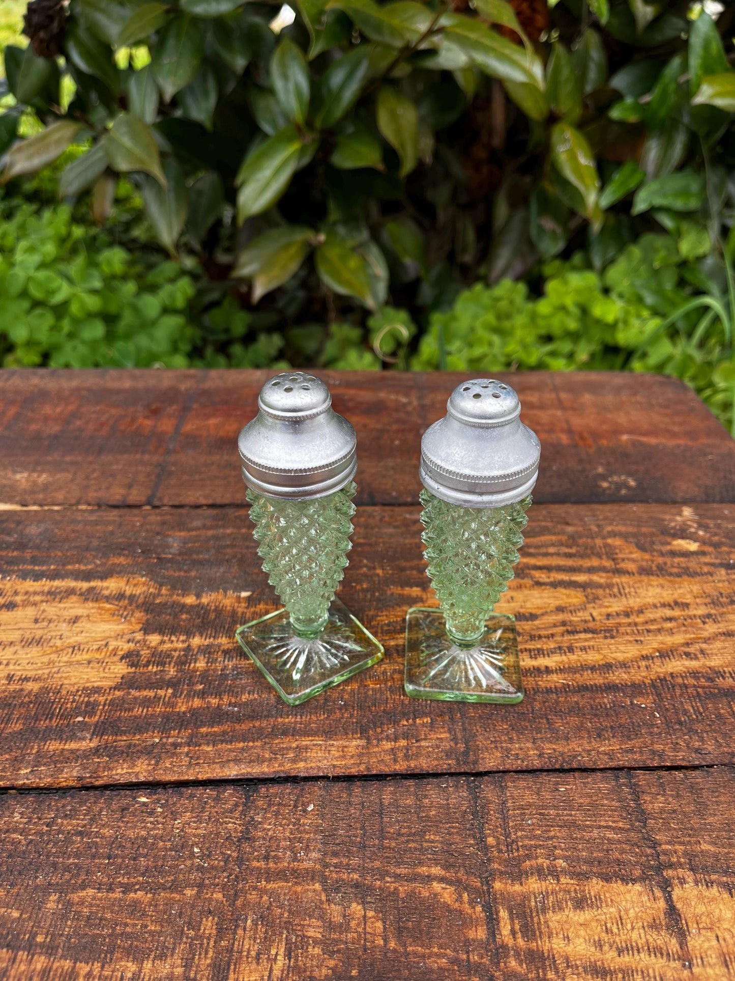 Miss America Green Glass Salt and Pepper Shakers, Depression Glass, Antique Dinnerware, Kitchen Collectibles
