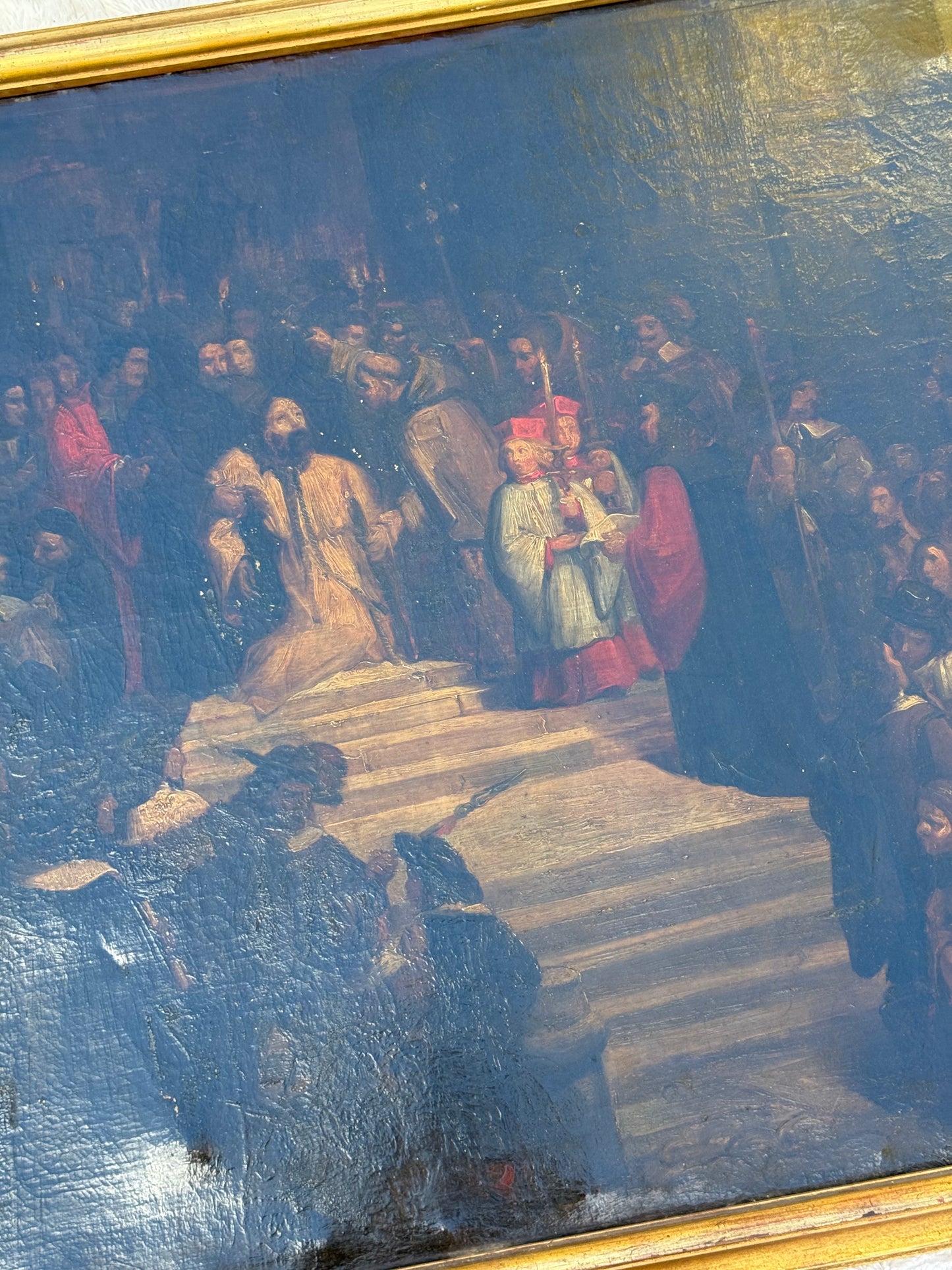 Huge Mid-19th Century Continental Public Penance Tribunal Scene – Dramatic Historic Oil Painting (35x42”)