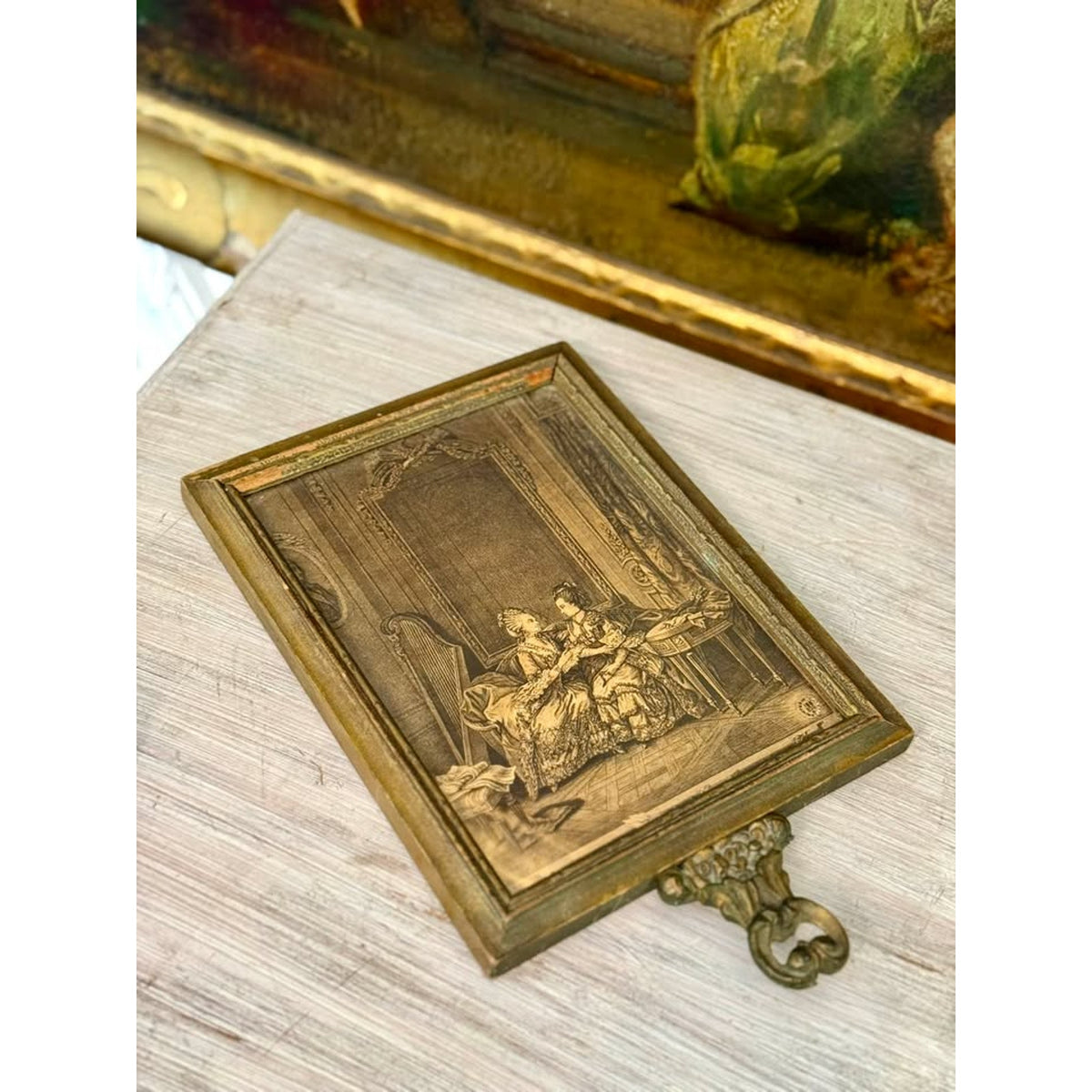 Vintage French Rococo Style Framed Print & Mirror with Ornate Handle