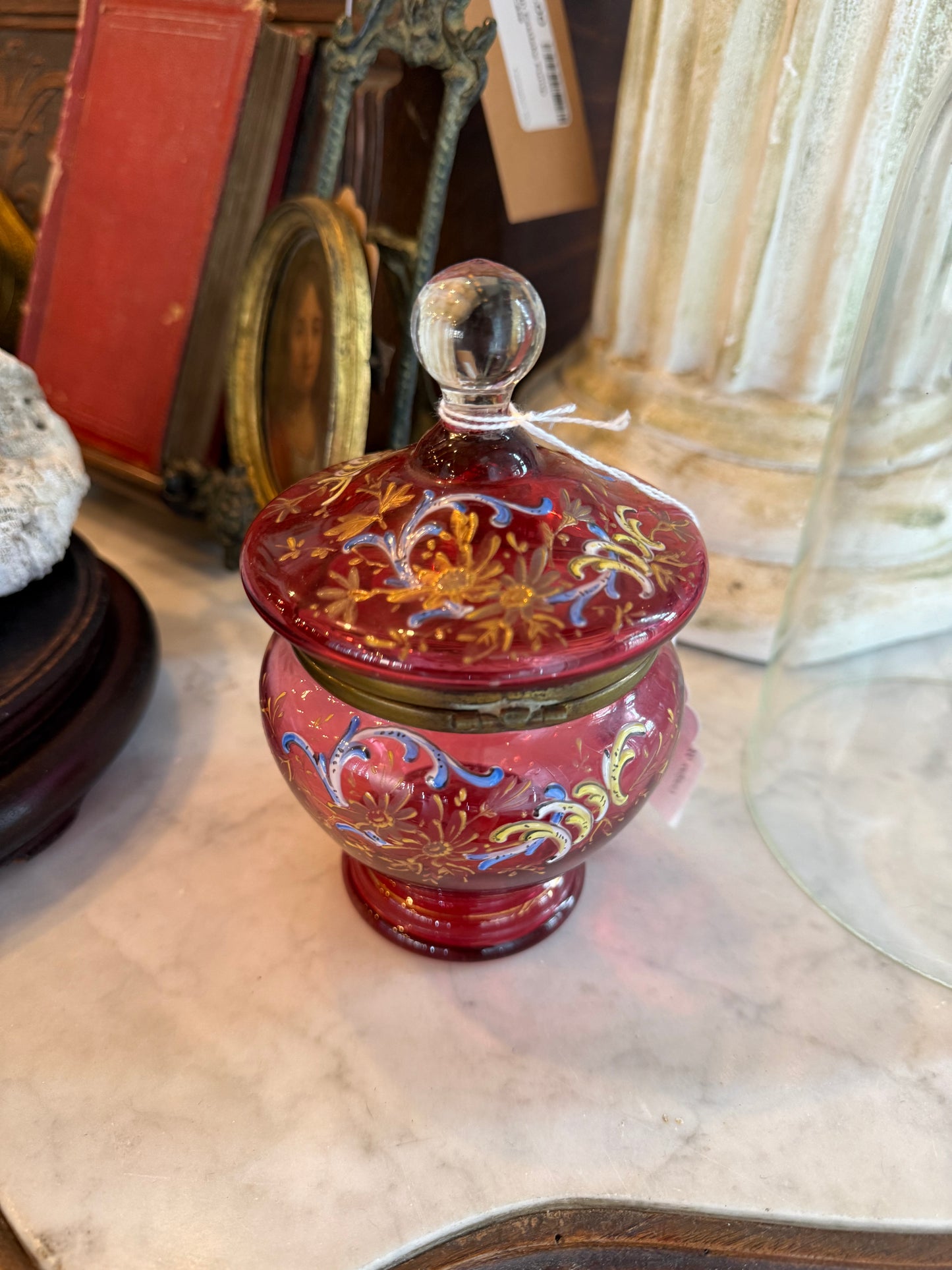 Antique Bohemian Ruby Glass Enameled Hinged Casket