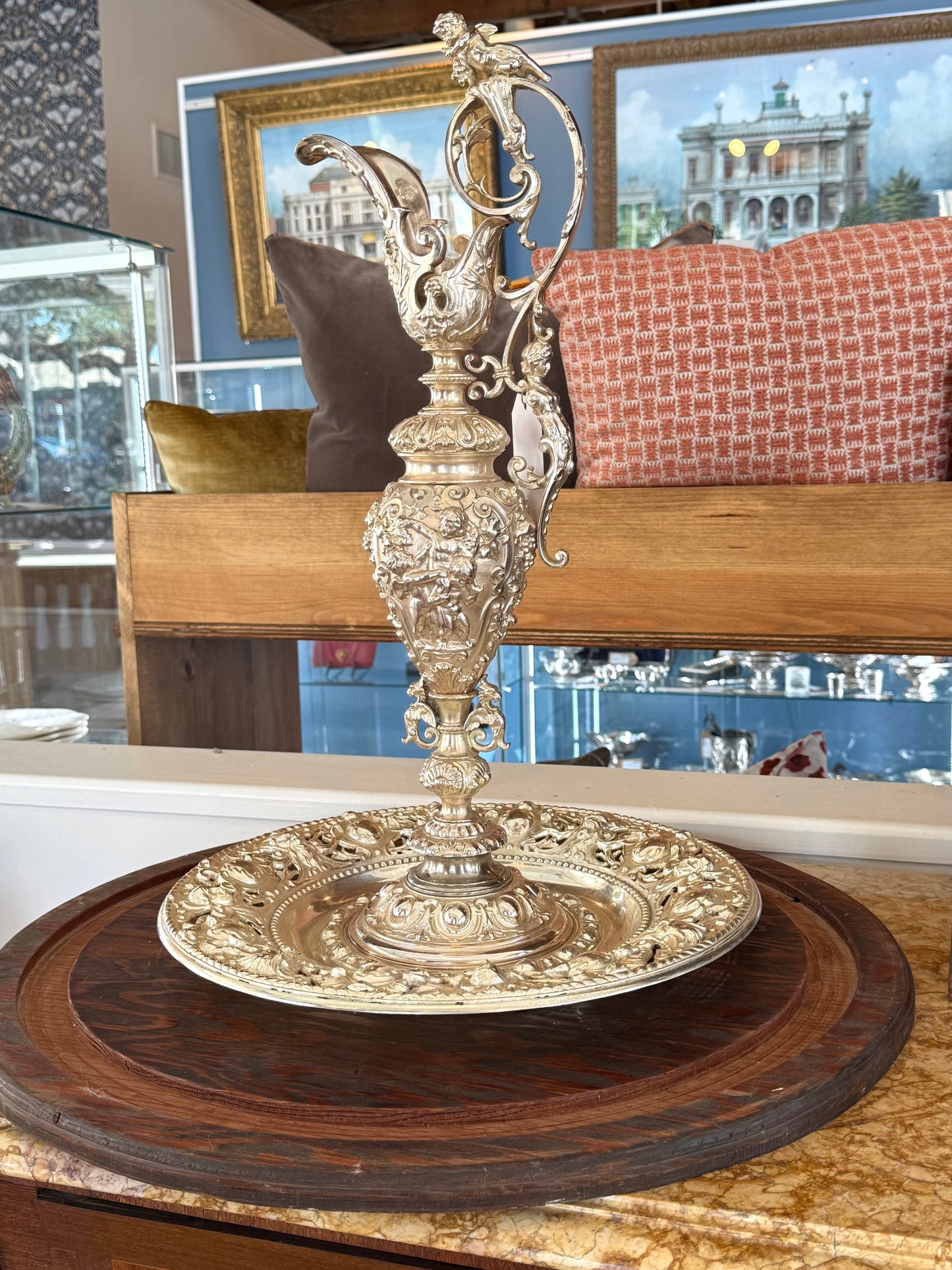 Monumental Silvered Bronze Figural Ewer & Underplate