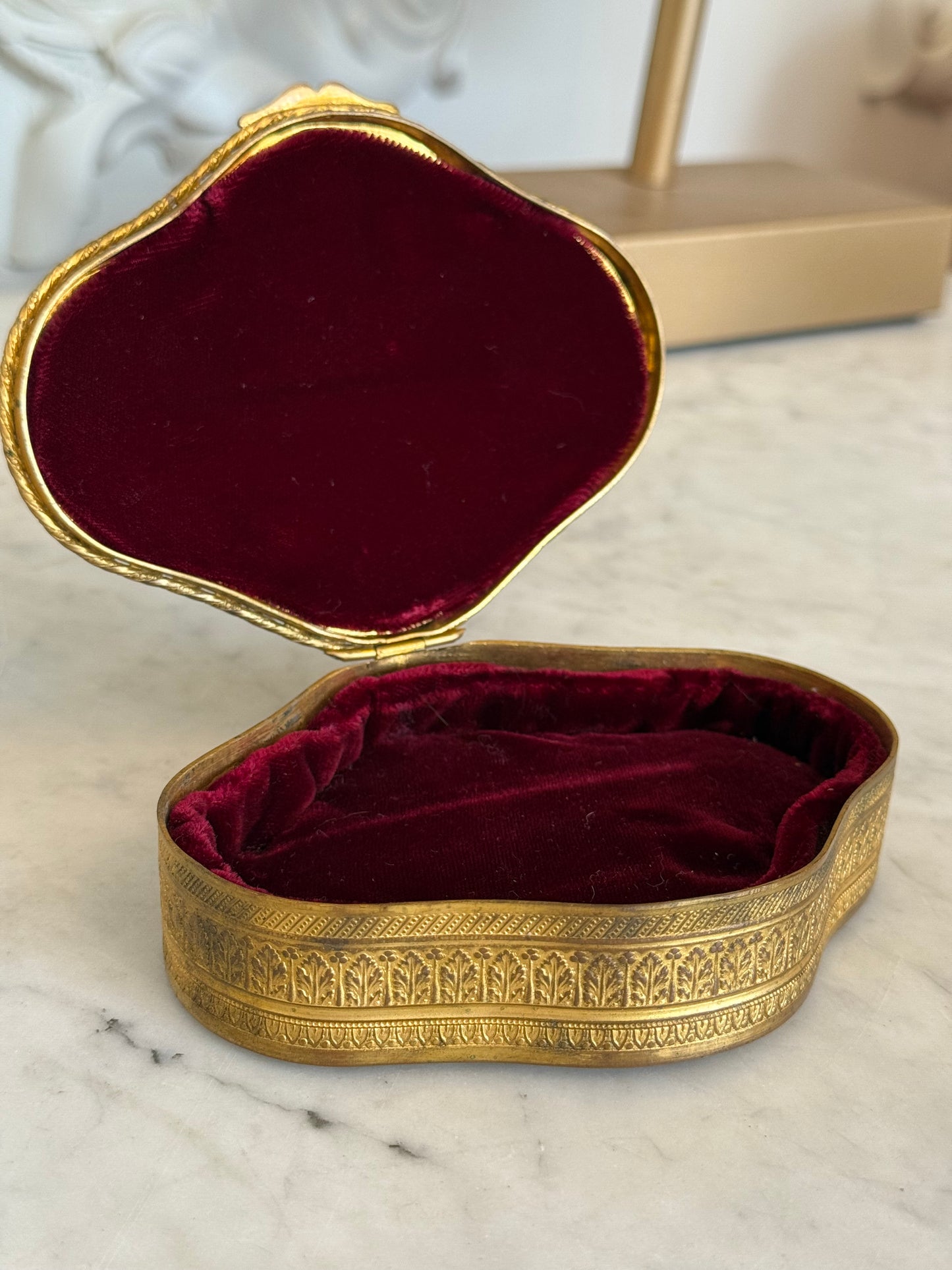 Antique French Gilt Jewelry Casket with Portrait Miniature Lid, Velvet Interior