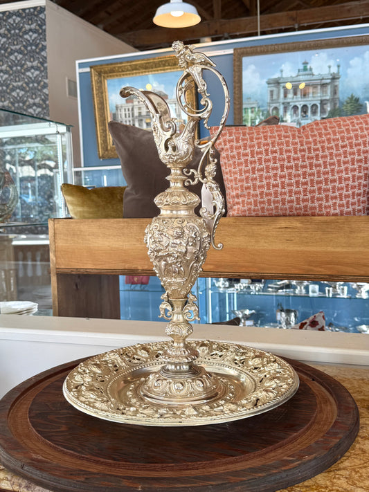 Monumental Silvered Bronze Figural Ewer & Underplate