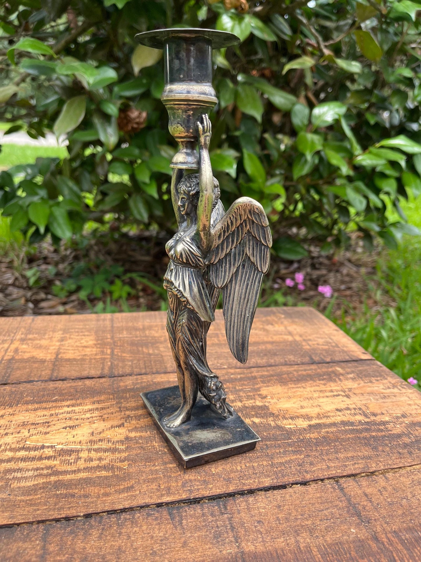 Neoclassical Winged Woman Candlestick – Heavy Cast Metal Taper Holder