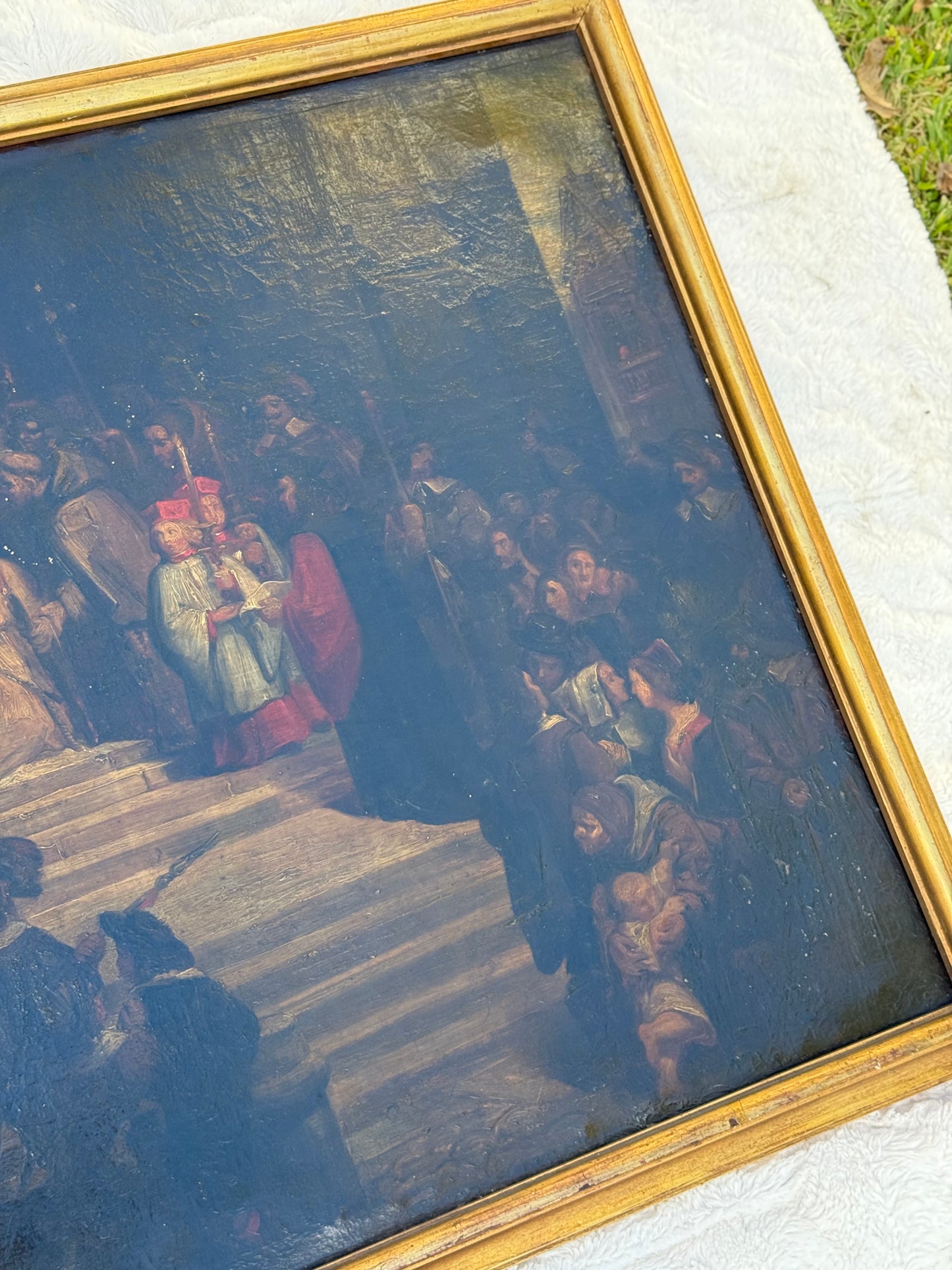 Huge Mid-19th Century Continental Public Penance Tribunal Scene – Dramatic Historic Oil Painting (35x42”)