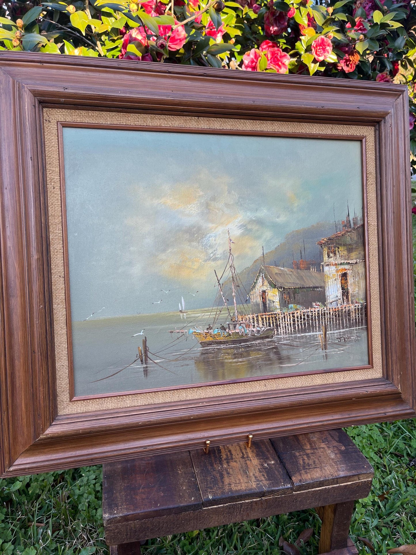 Signed J. Robert Marine Landscape Oil Painting, Large Framed Artwork, Original Oil Art, Coastal Scene, Collectible Art