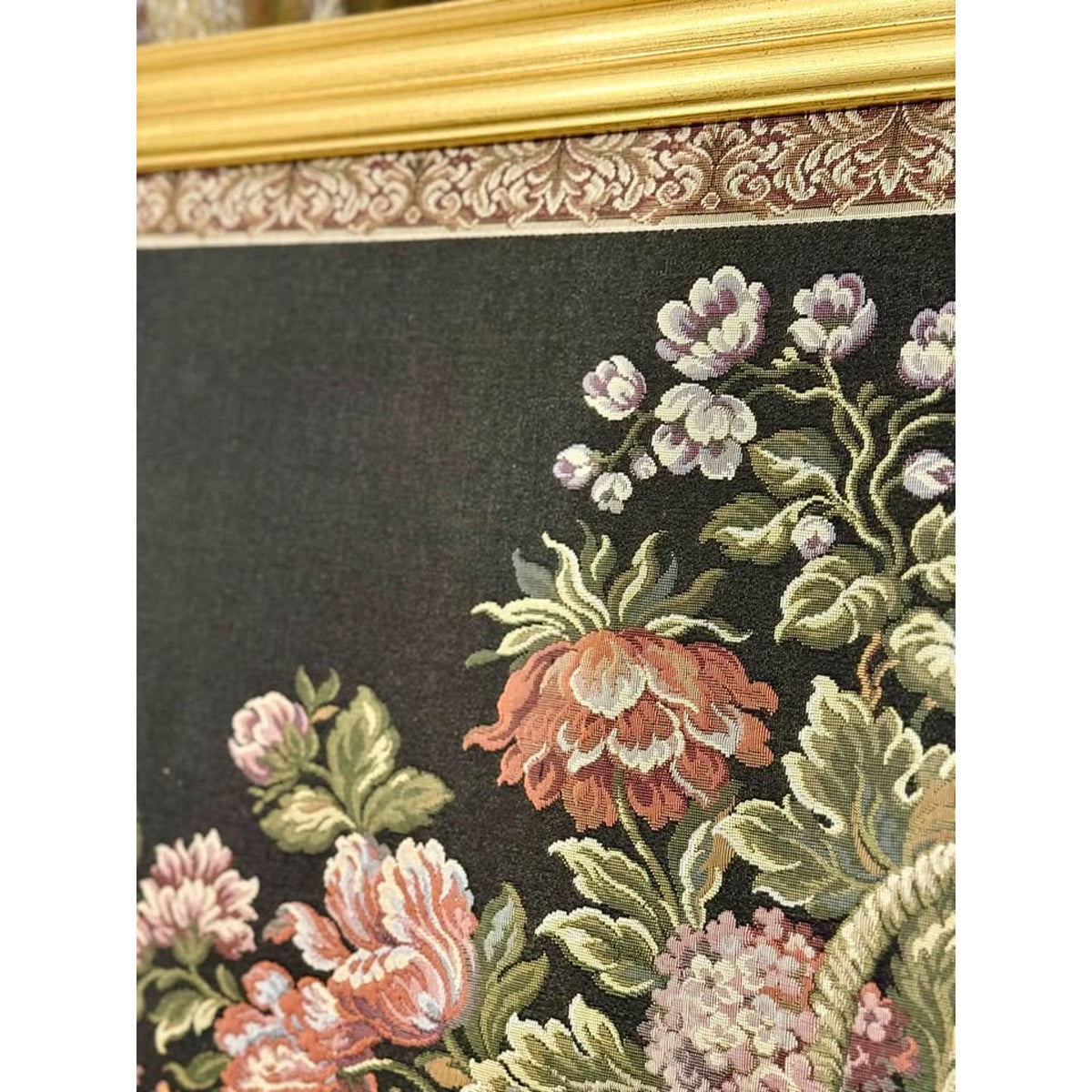 Large Vintage Framed Floral Jacquard Tapestry, Basket of Flowers, 39”