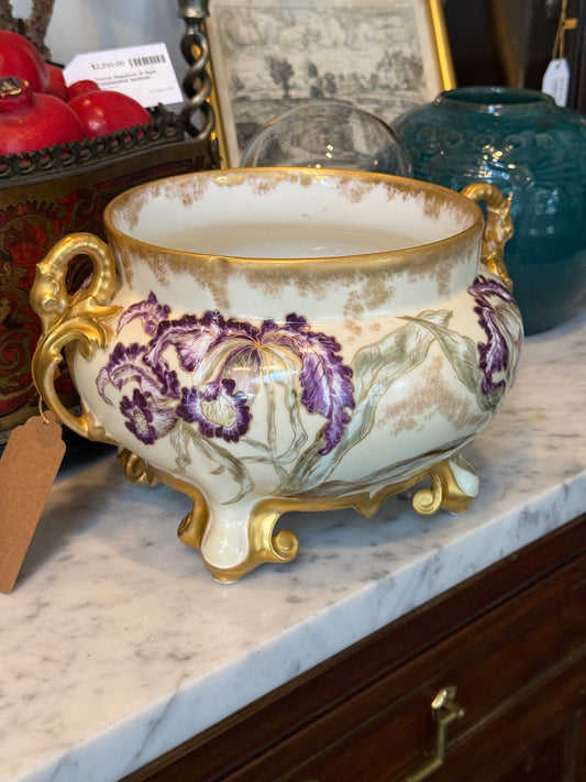 Antique Hand-Painted Limoges Porcelain Jardinière with Purple Irises & Gilt Handles