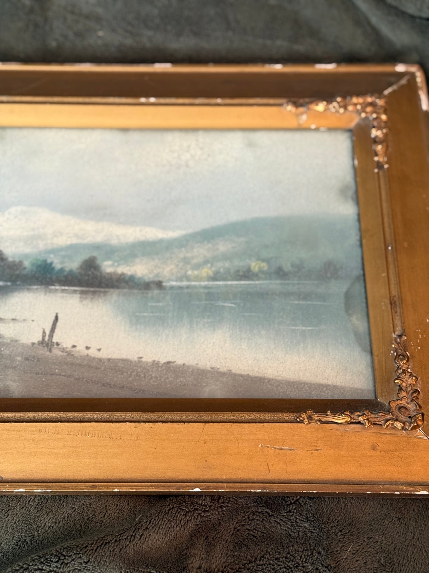 Antique Pastel Landscape with River and Trees in Original Gilt Frame