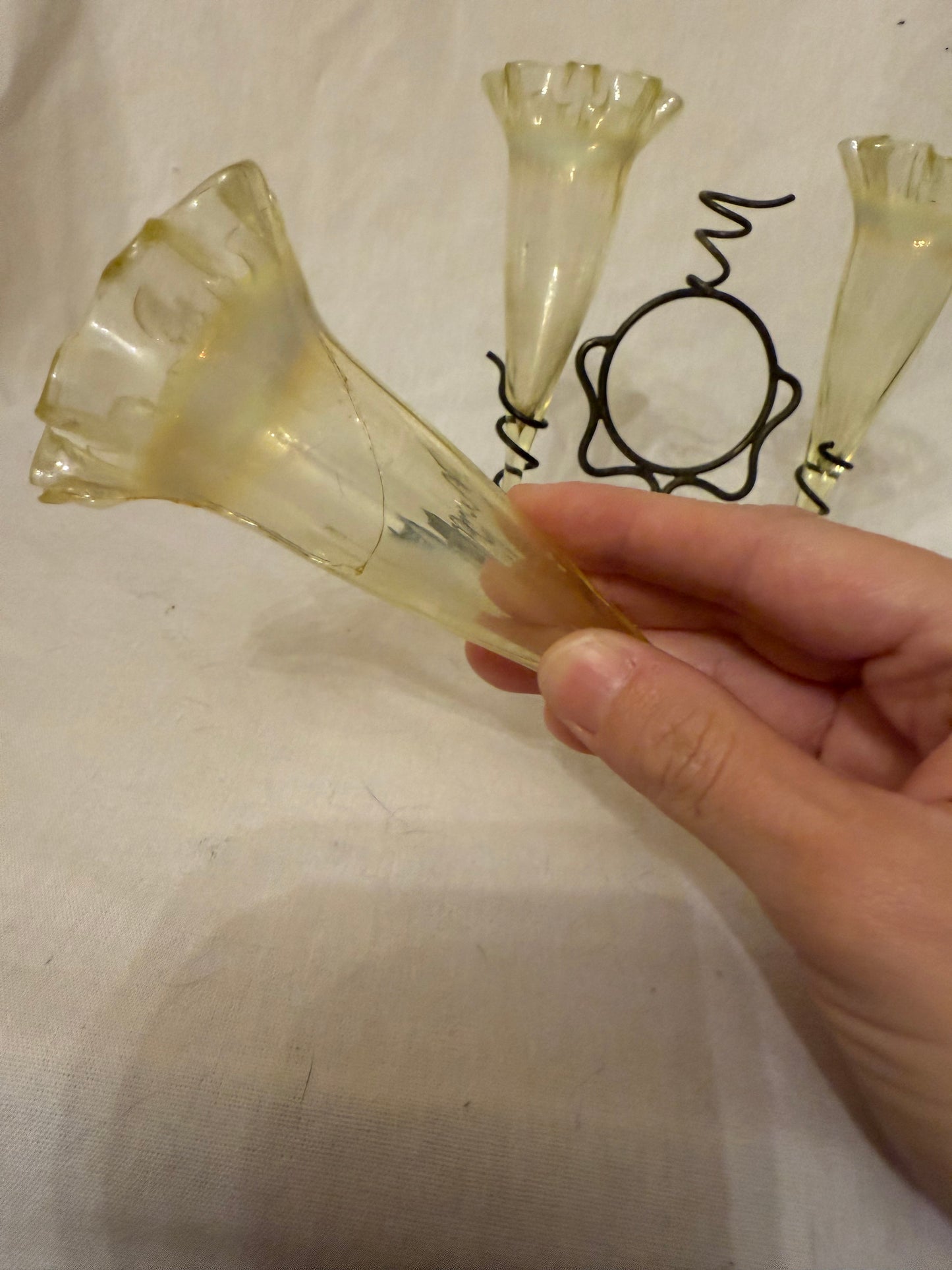 Victorian Uranium Glass Epergne with Three Flutes, c. 1890–1910
