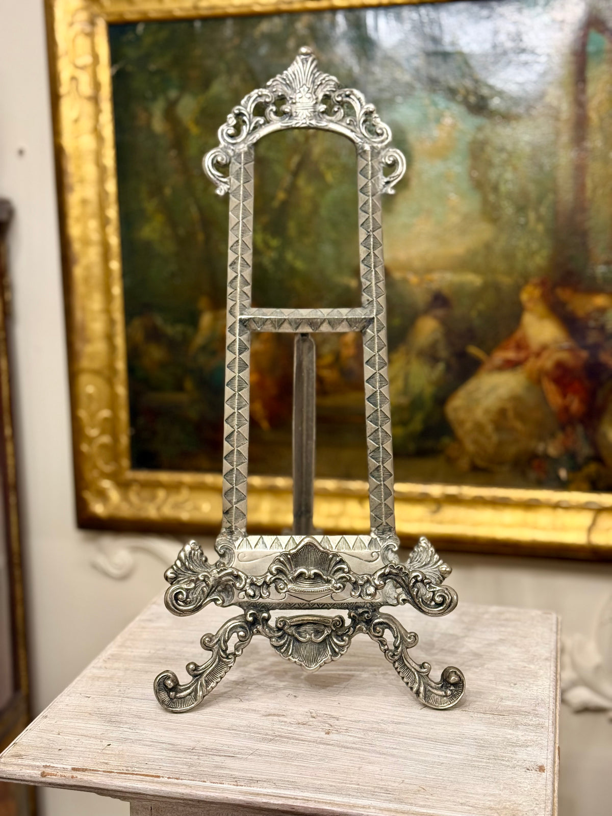 Vintage Ornate Silver-Toned Metal Display Easel with Rococo Scrollwork, 22.75”