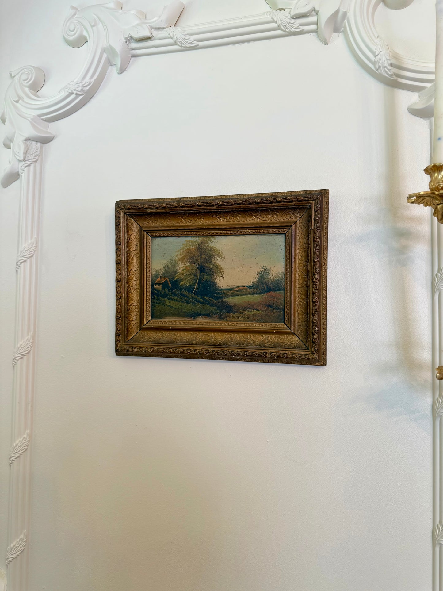 Antique Pastoral Landscape Oil on Board | Gilt Frame | Cottage Scene