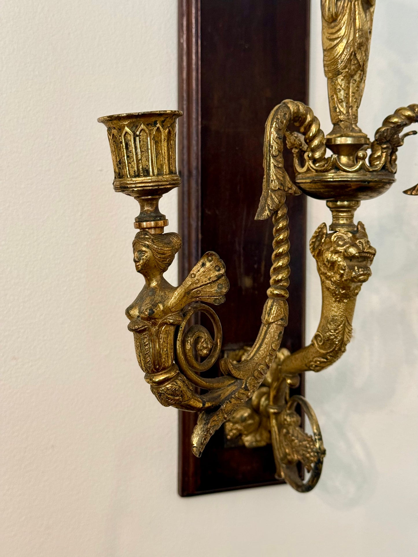 Regency Revival Gilt Bronze Figural Three-Light Wall Sconce