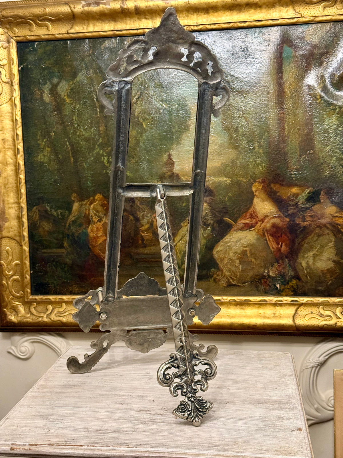 Vintage Ornate Silver-Toned Metal Display Easel with Rococo Scrollwork, 22.75”