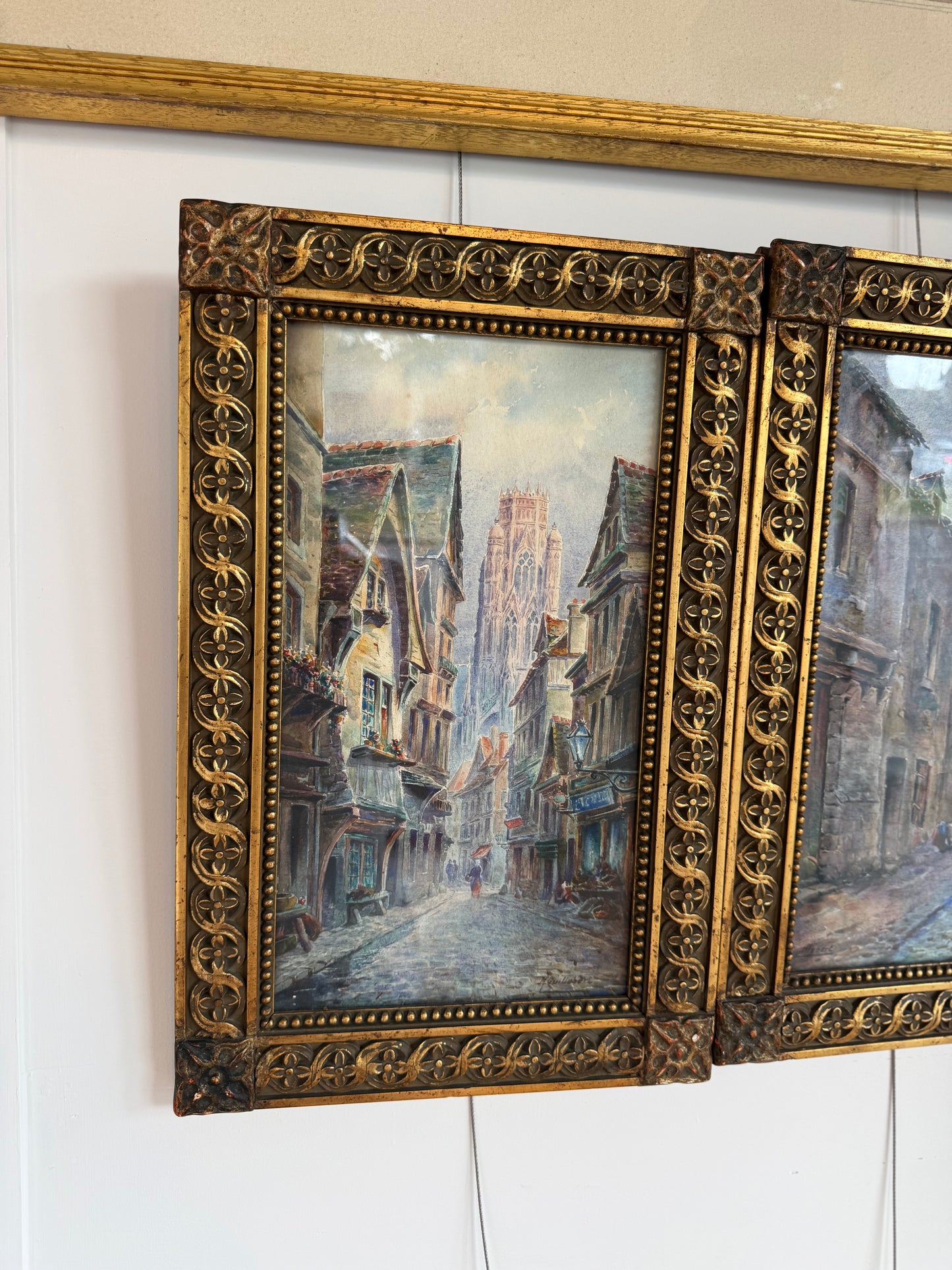 Pair of Signed French Village Street Scene Watercolors by M. Guillebert in Gothic Revival Frames