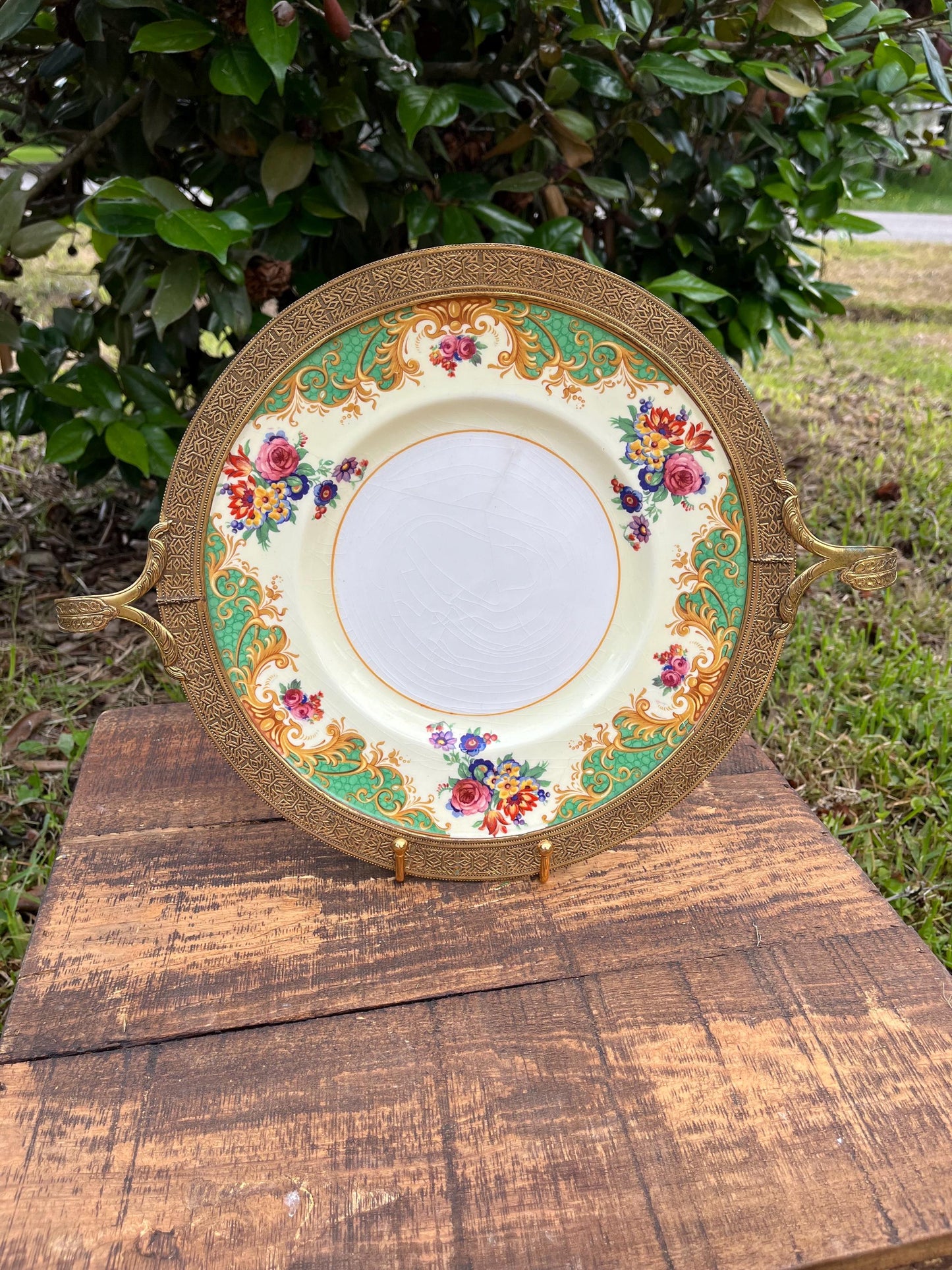 Crown Ducal Ware England Cabinet Plate – Rococo Floral Border, Rare Brass Lined Rim & Handles