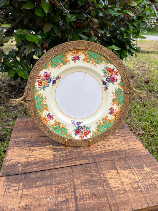 Crown Ducal Ware England Cabinet Plate – Rococo Floral Border, Rare Brass Lined Rim & Handles