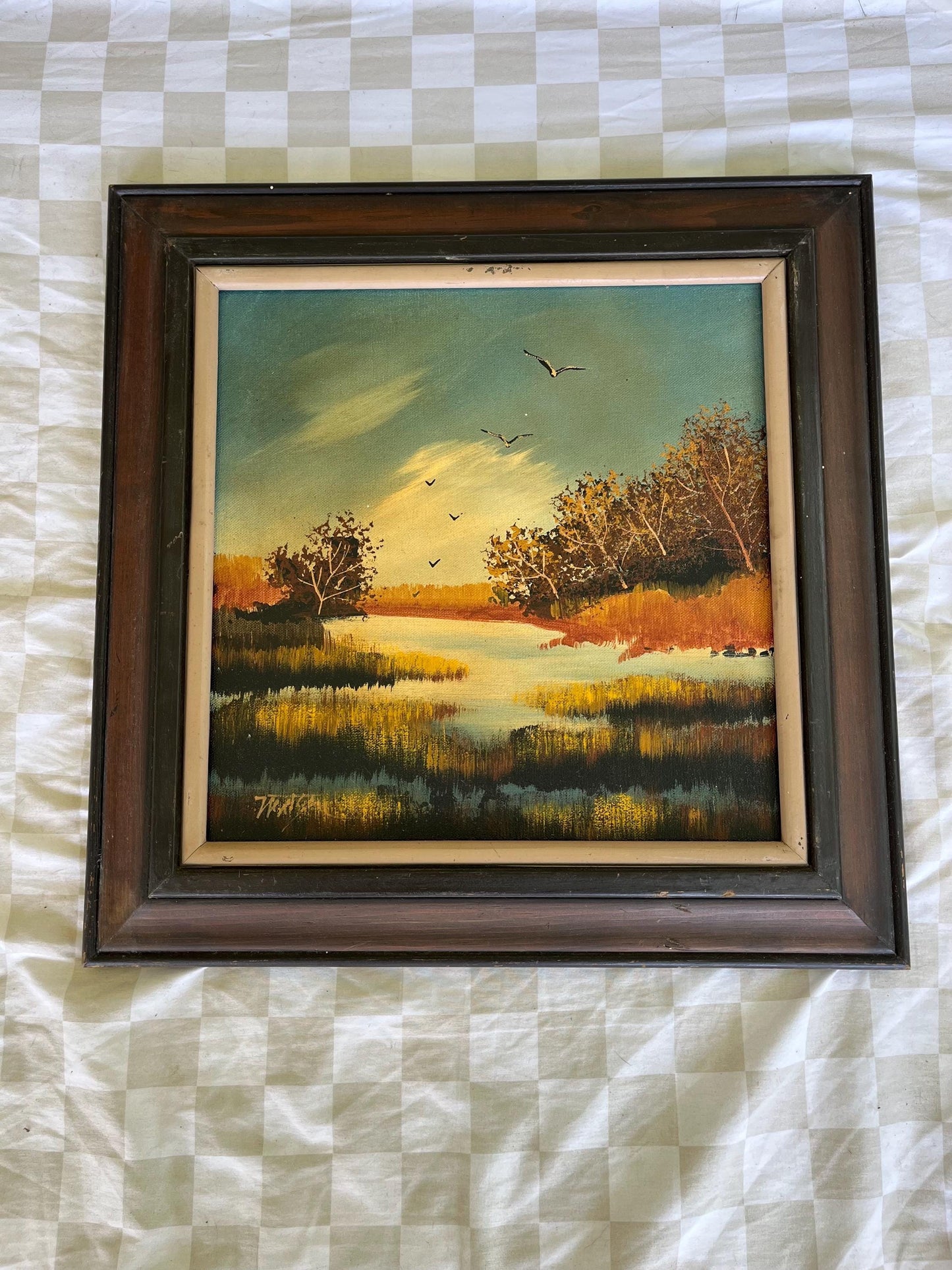 Midcentury Marshland Oil Painting | Southern Coastal Wetland Scene | Birds in Flight | 14x14 Canvas