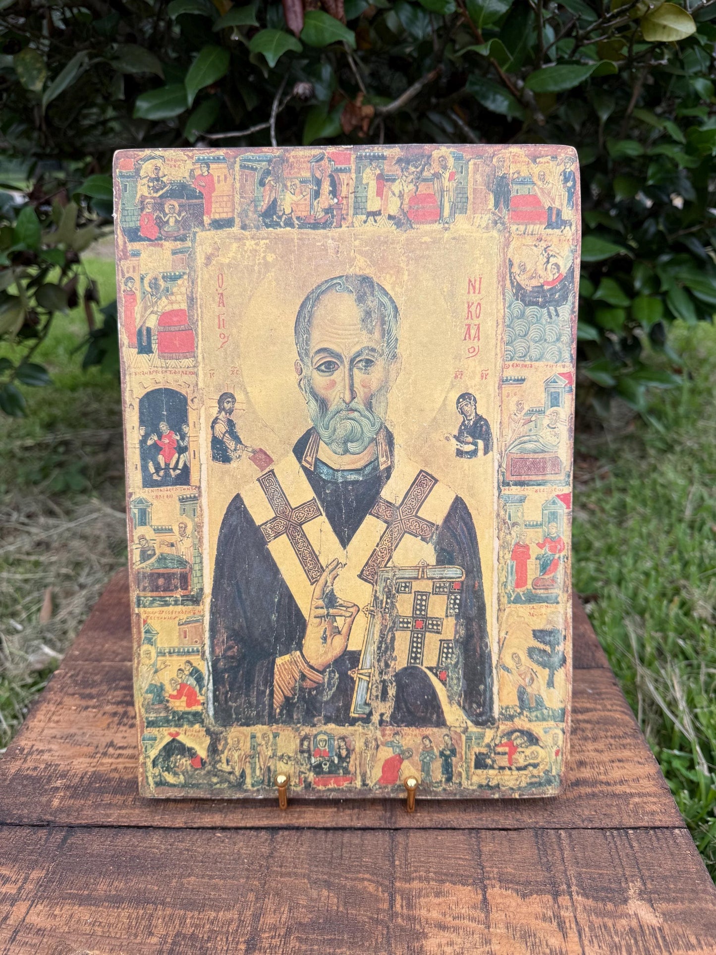 Saint Nicholas Icon with Life Scenes | Greek Orthodox Vintage Icon Panel from Thessaloniki, 14x10"