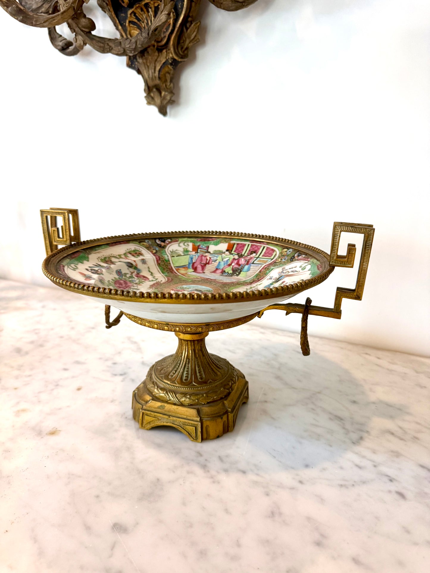 Antique Franco-Chinese Rose Medallion Porcelain Tazza with Gilt Bronze Mounts, Circa 1870-1880