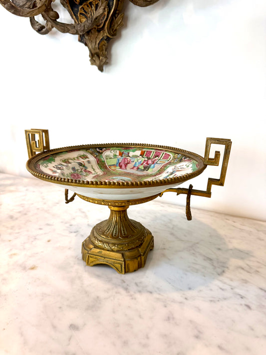 Antique Franco-Chinese Rose Medallion Porcelain Tazza with Gilt Bronze Mounts, Circa 1870-1880