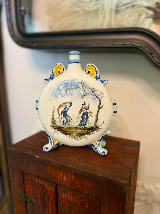 Antique French Faience Pilgrim Flask with Rococo Courtly Scenes