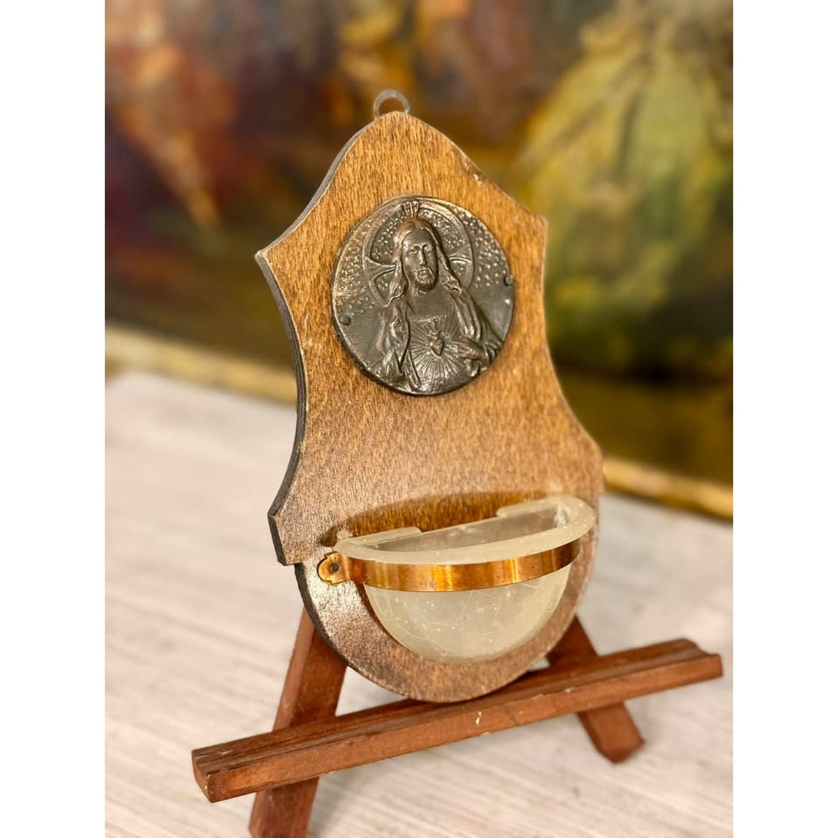 Vintage Sacred Heart of Jesus Wooden Holy Water Font, Catholic Devotional Wall Plaque