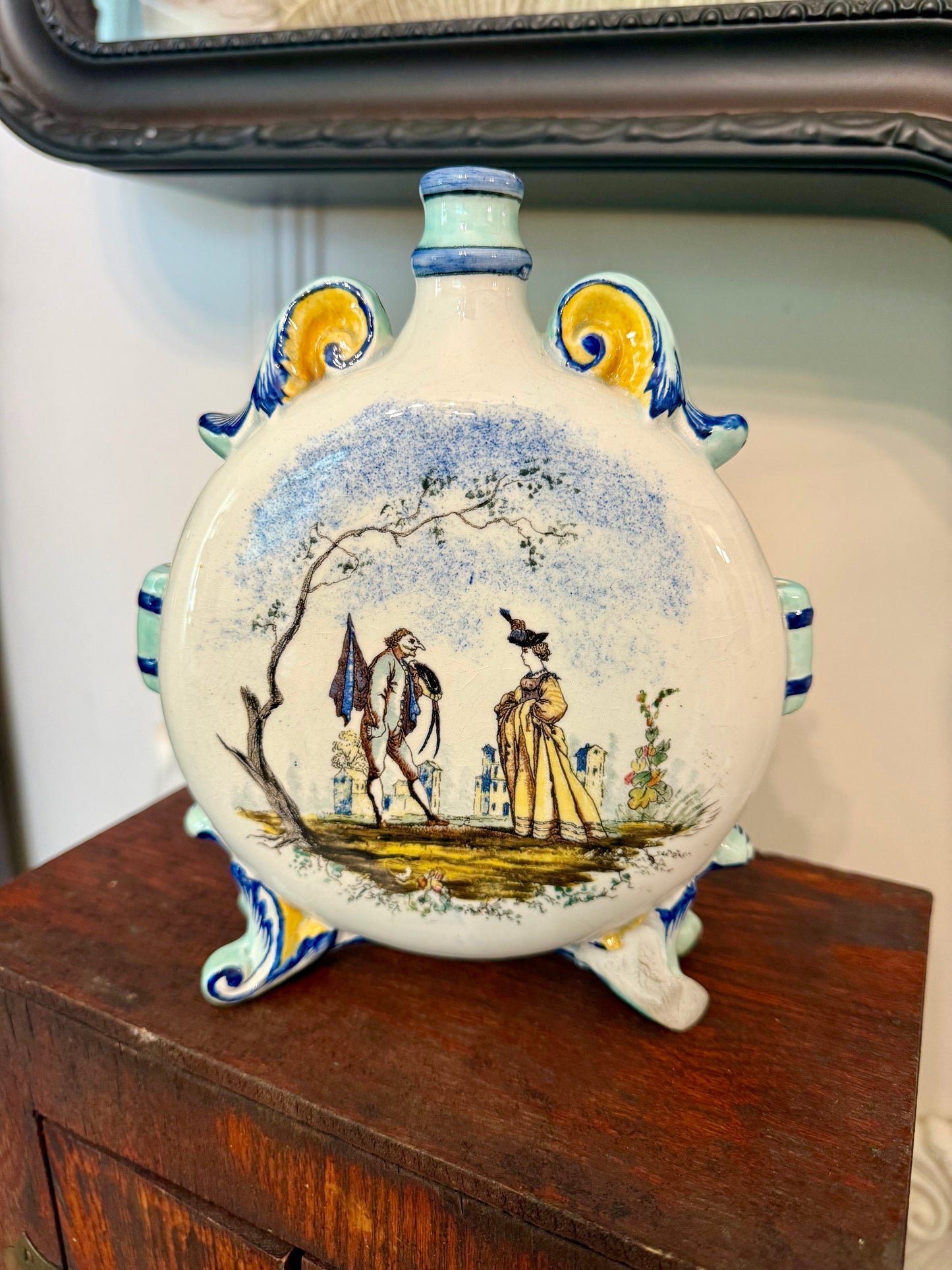 Antique French Faience Pilgrim Flask with Rococo Courtly Scenes