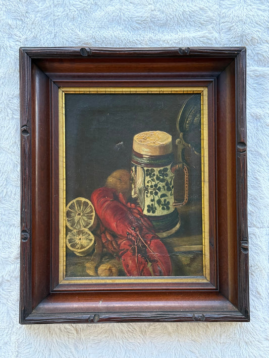 Antique 19th-C Still Life Oil Painting | Lobster, Lemons & Stein | 9x12 in Original Walnut Frame