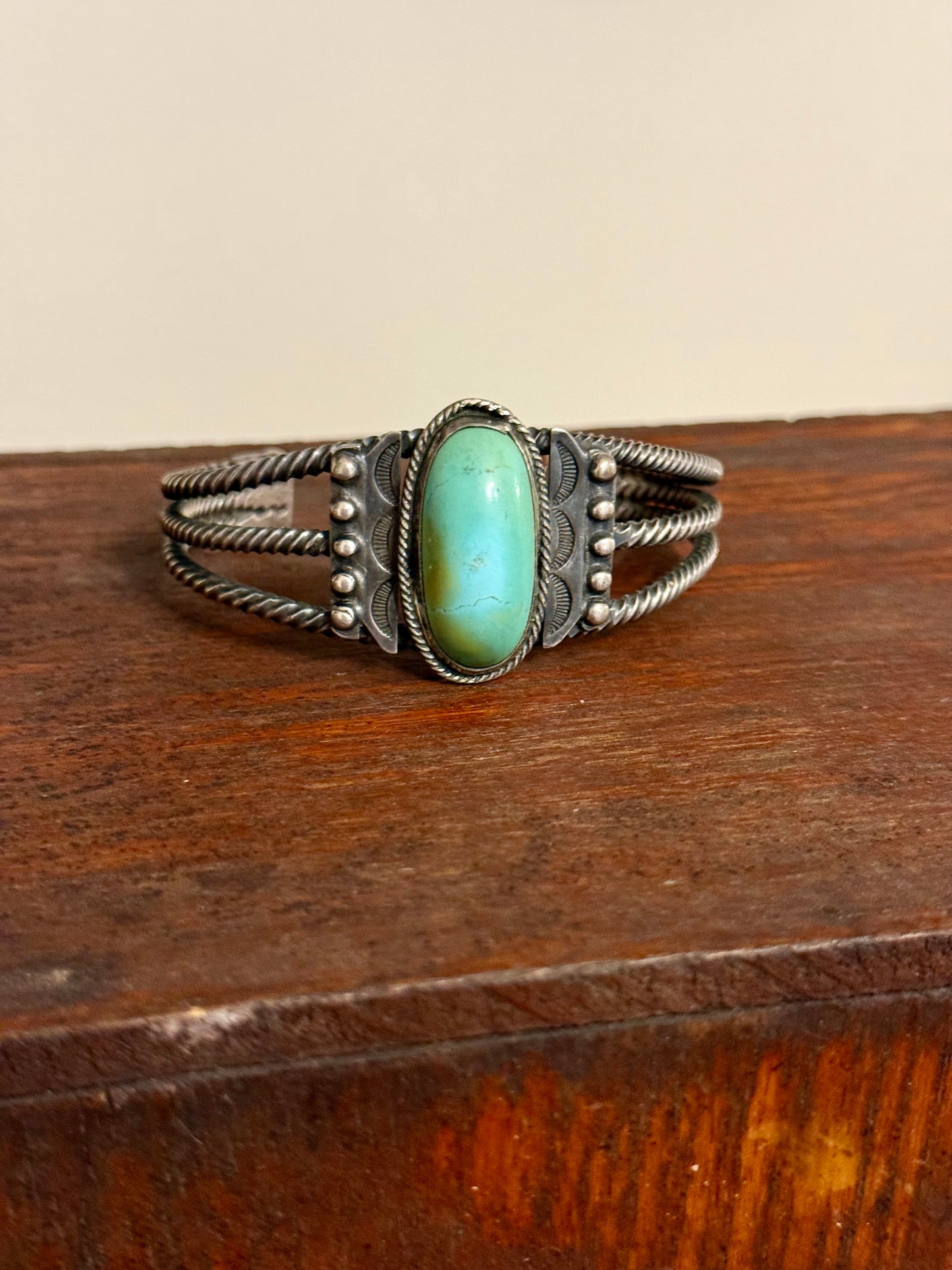 Vintage Navajo Three-Strand Twisted Wire Cuff Bracelet with Green Stone