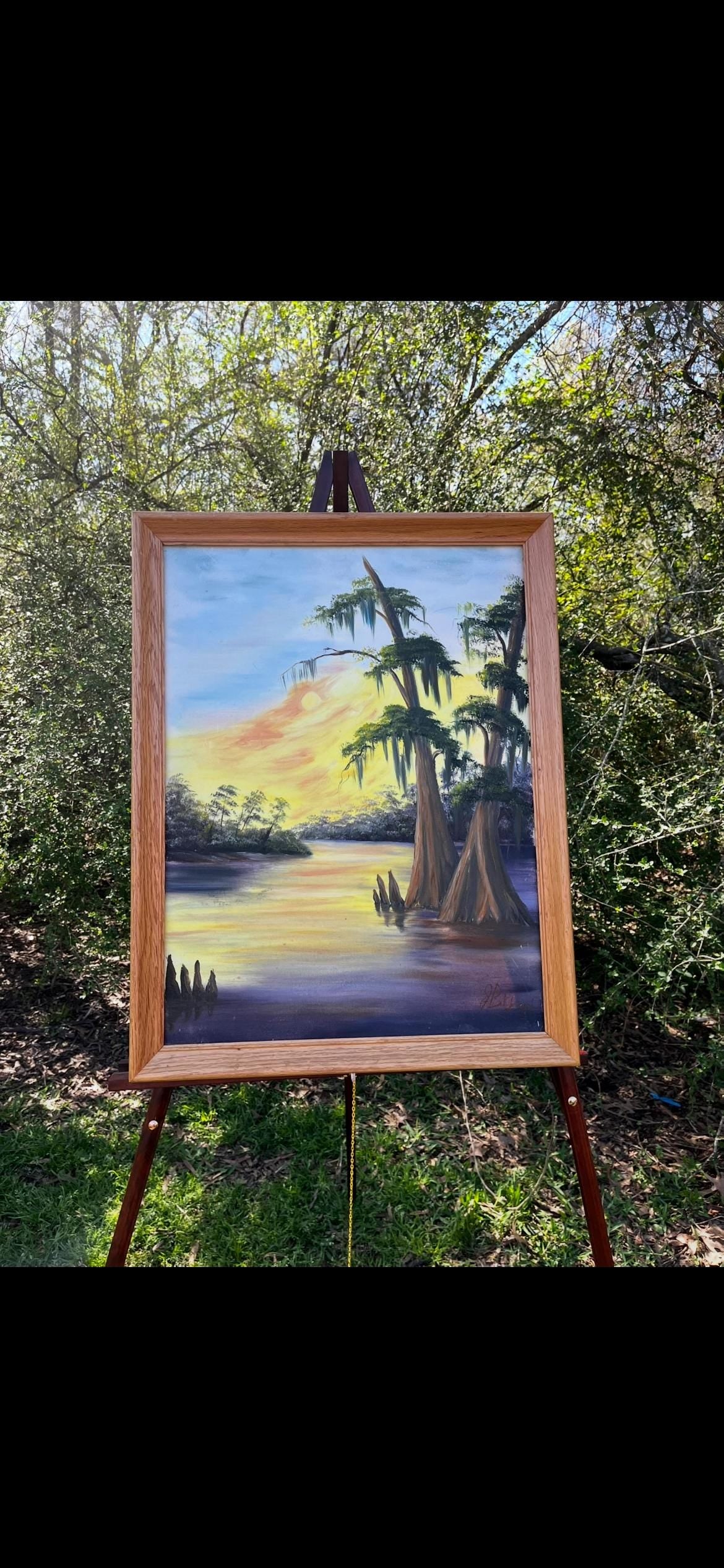 Bayou Landscape Oil Painting by J. Bryant – Southern Cypress Swamp Sunset – Framed Vintage Art