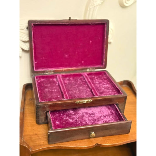 Antique Victorian Mahogany Jewelry Box Dovetail Drawer Purple Velvet Interior