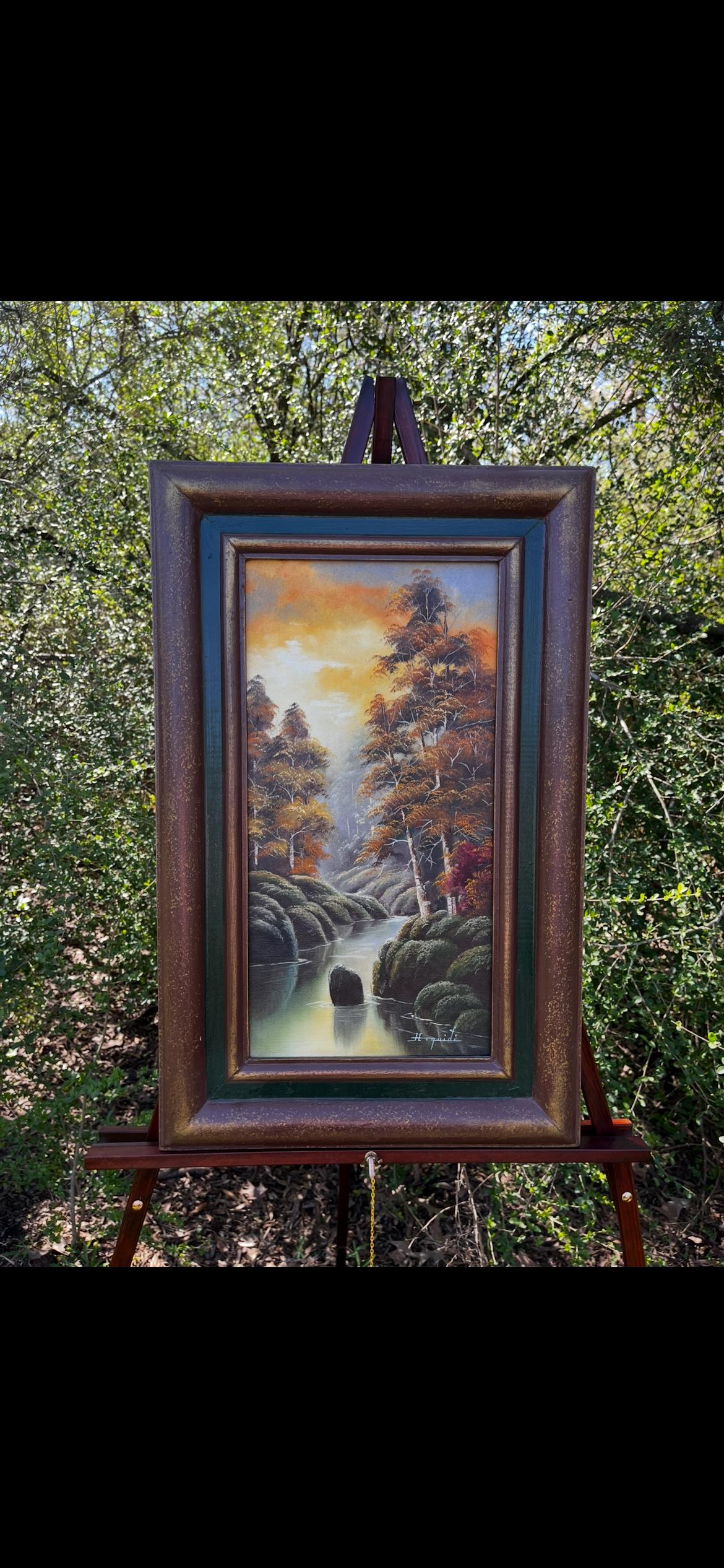 H. Roquidi Original Oil Painting – Tall River Landscape with Trees – Framed Rustic Art