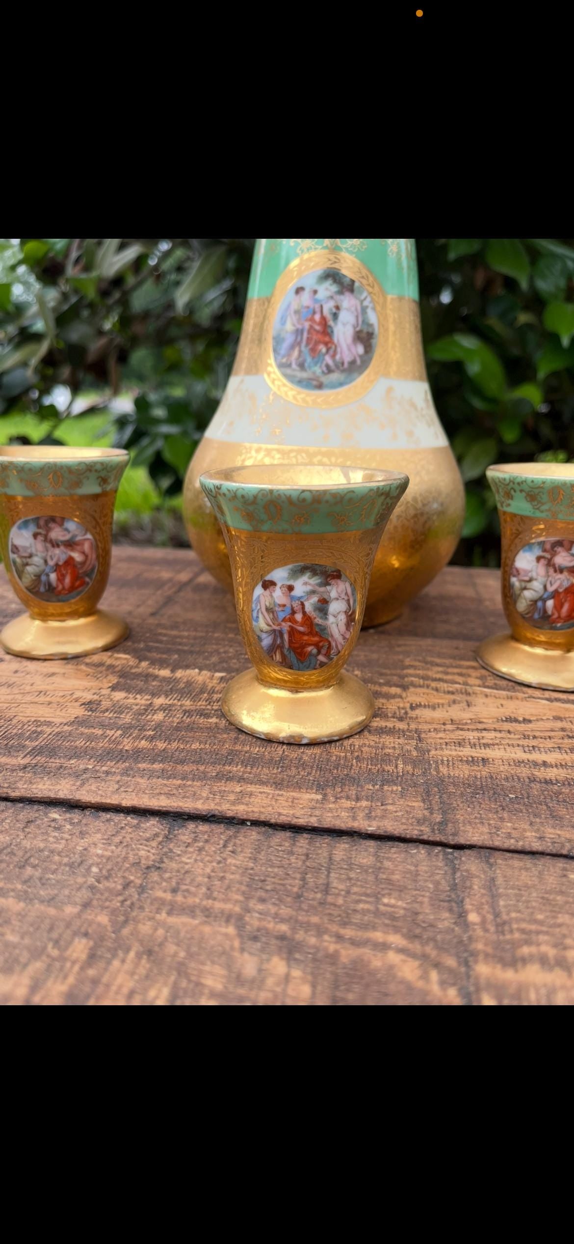 Le Mieux Decanter 4 Glasses | Midcentury Hand-Painted Gold & Enamel Bar Set | Missing Stopper | Vintage Hollywood Regency Glassware