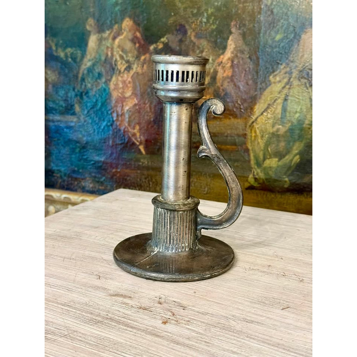 Vintage Silver-Tone Chamberstick Candle Holder with Scroll Handle