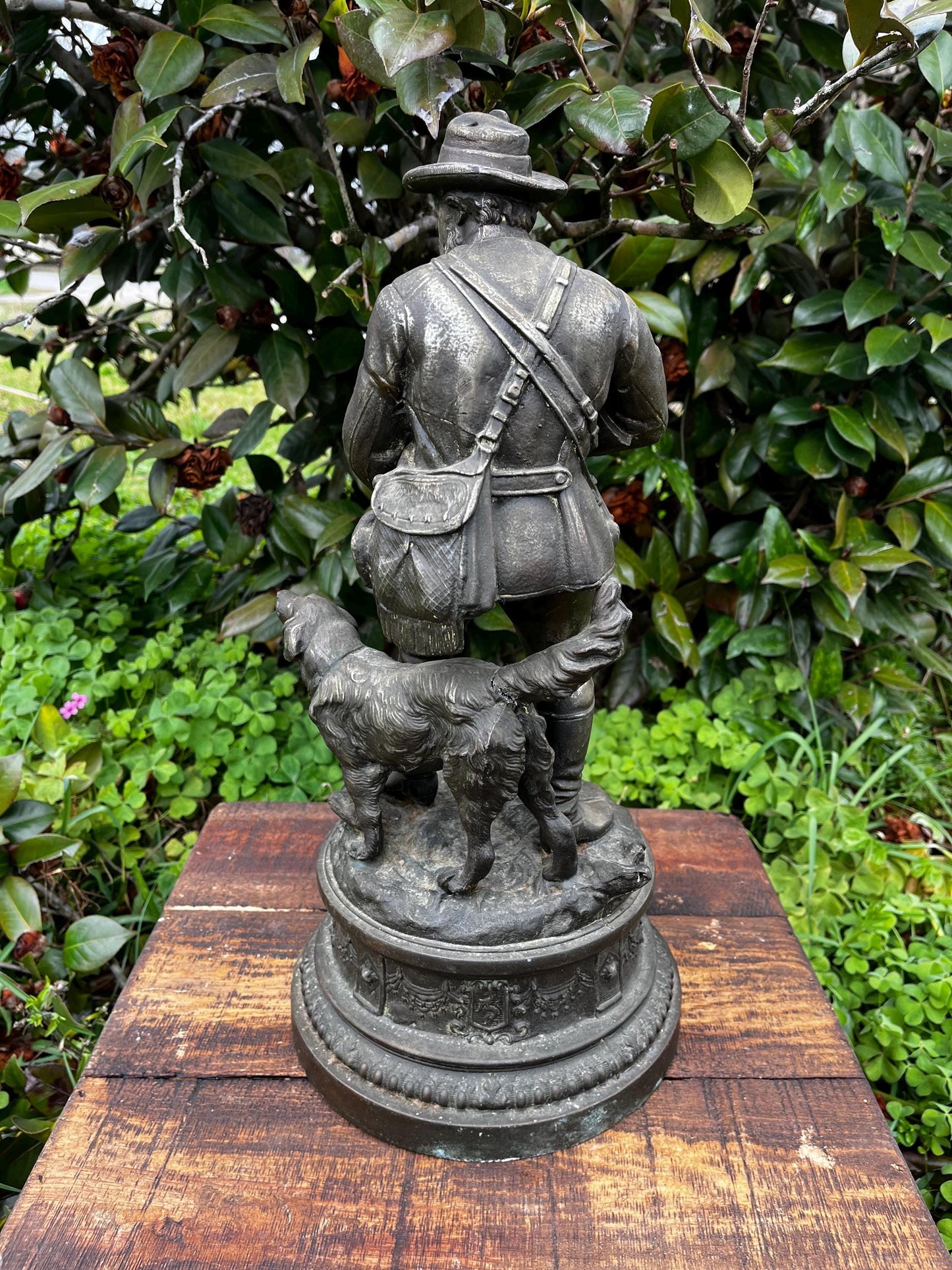 Large Antique Spelter Hunter Lamp Base – 19th C. Rustic Lodge Decor, Dog Figurine, Verdigris Patina, Bronze Finish