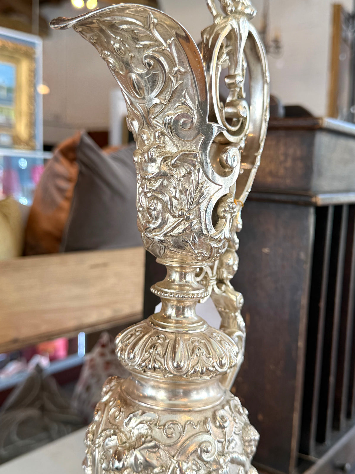 Monumental Silvered Bronze Figural Ewer & Underplate