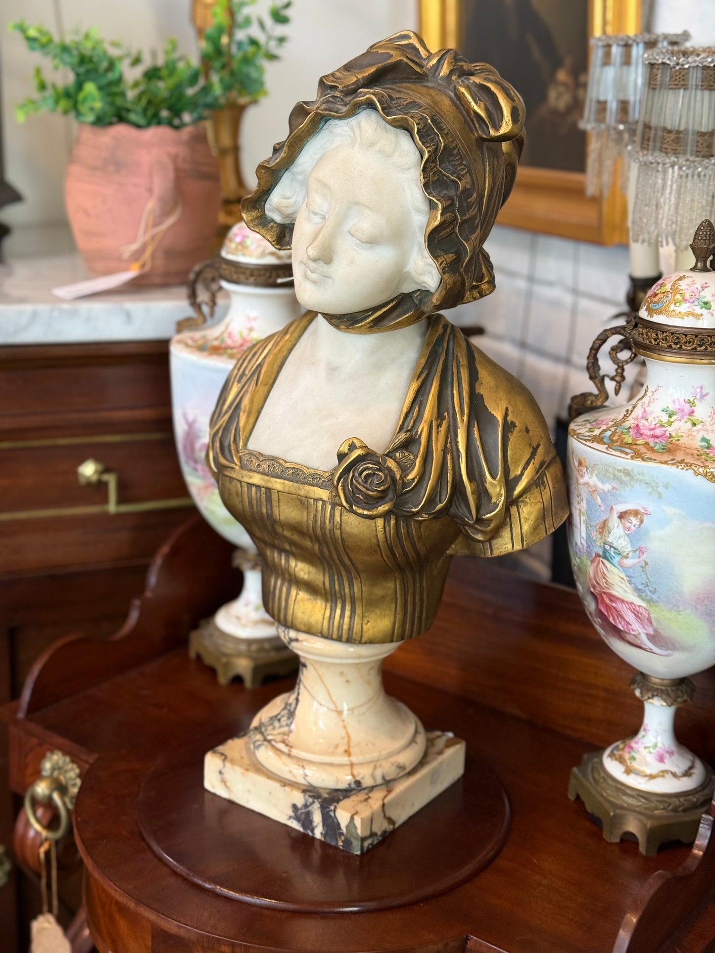 French Marble and Patinated Bronze Maiden Bust, After Jean-Baptiste Greuze