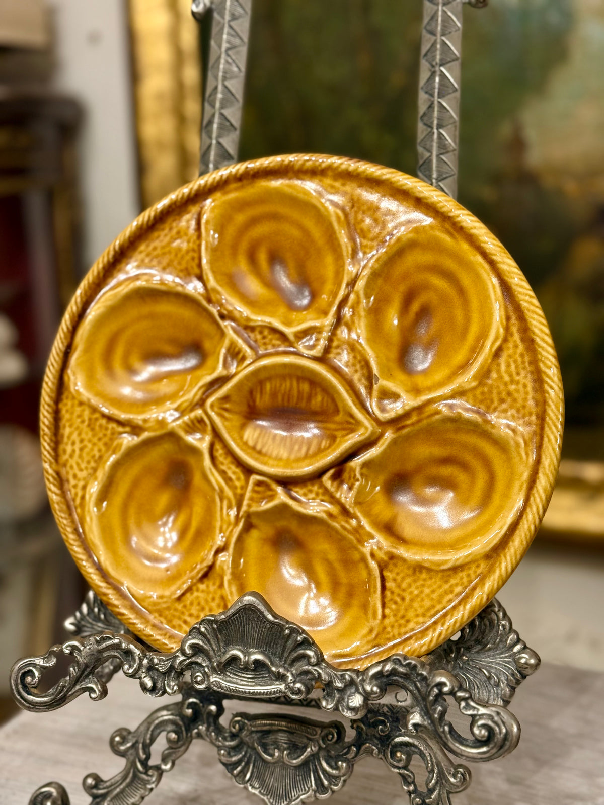 Vintage French Saint-Clément Majolica Oyster Plate in Mustard Glaze, 10”