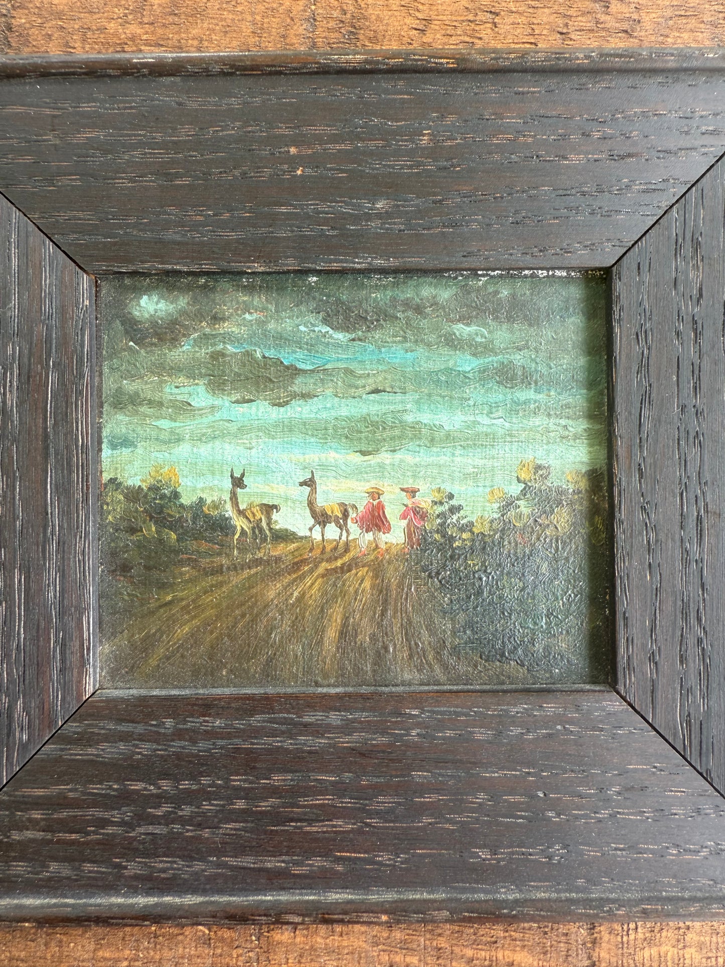 19th Century Wanamaker Collection Miniature Oil Painting – Figures with Llamas on a Country Path