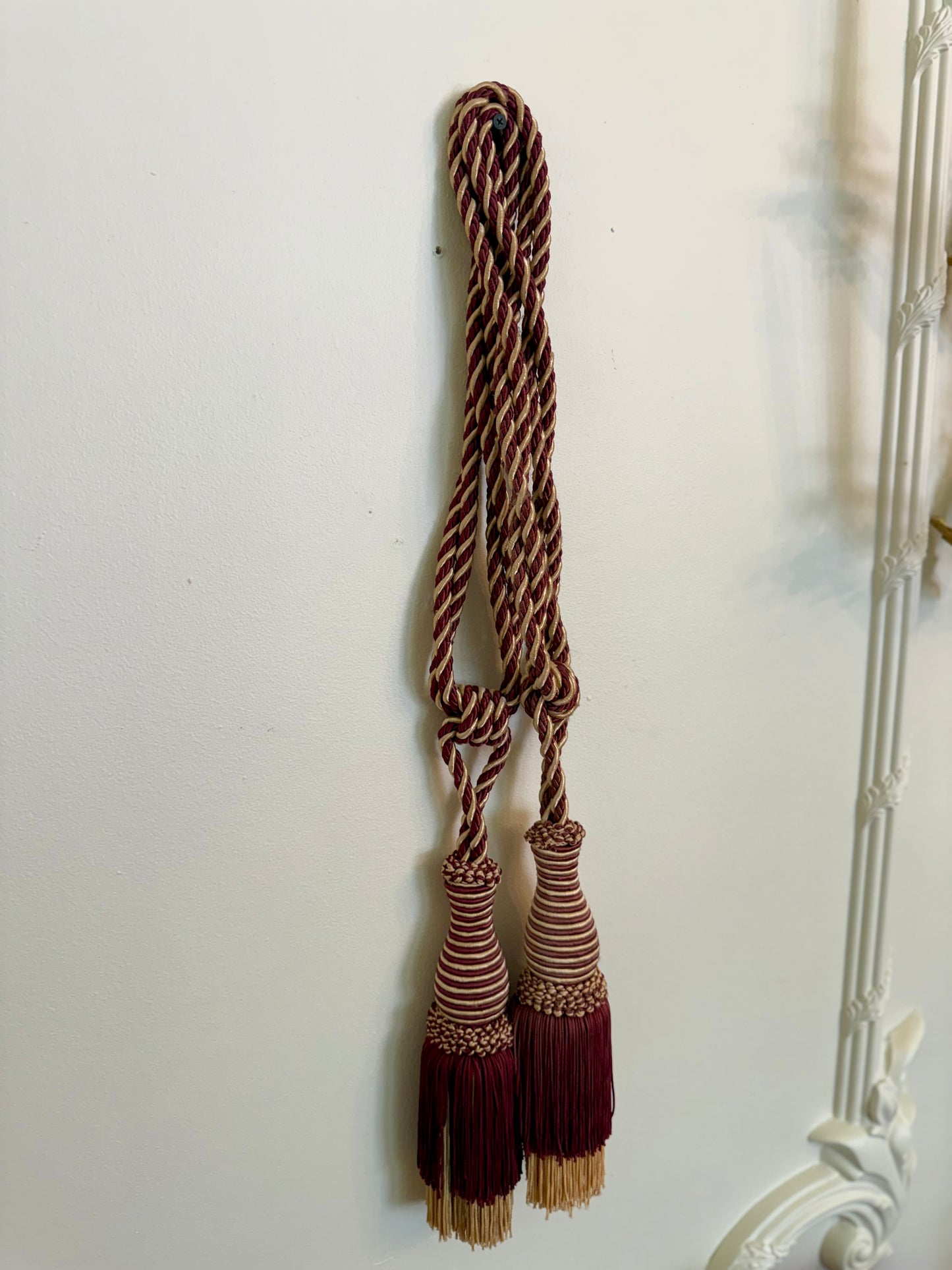 Large Vintage Double Curtain Tassels Pair | 28 Inch Burgundy & Gold Drapery Tassels
