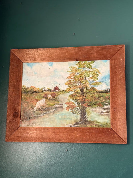 Vintage Pastoral Landscape Oil Painting with Cows – Rustic Framed Farm Scene