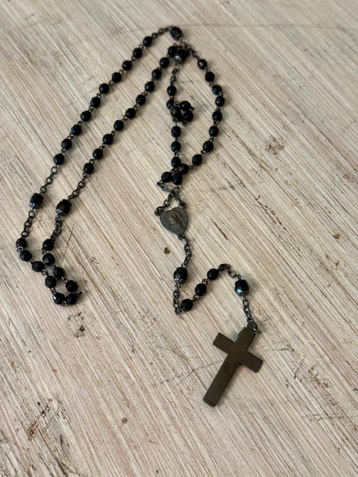Vintage Black Faceted Glass Catholic Rosary with Marian Medal