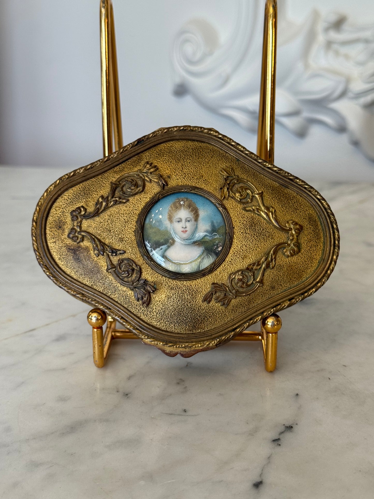 Antique French Gilt Jewelry Casket with Portrait Miniature Lid, Velvet Interior