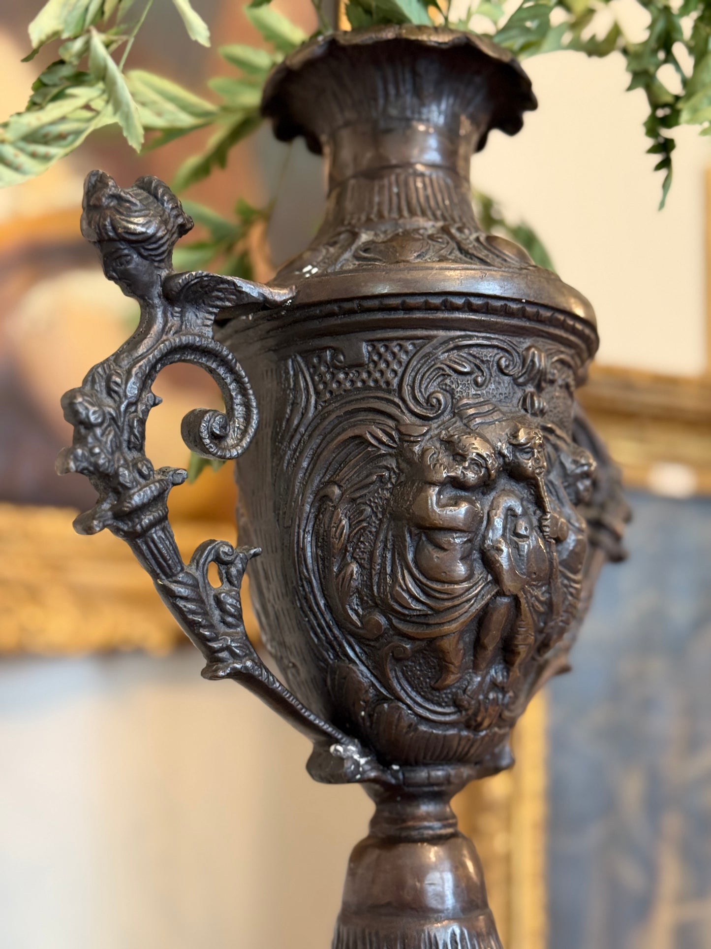 Antique Cast Bronze Figural Urn Vase