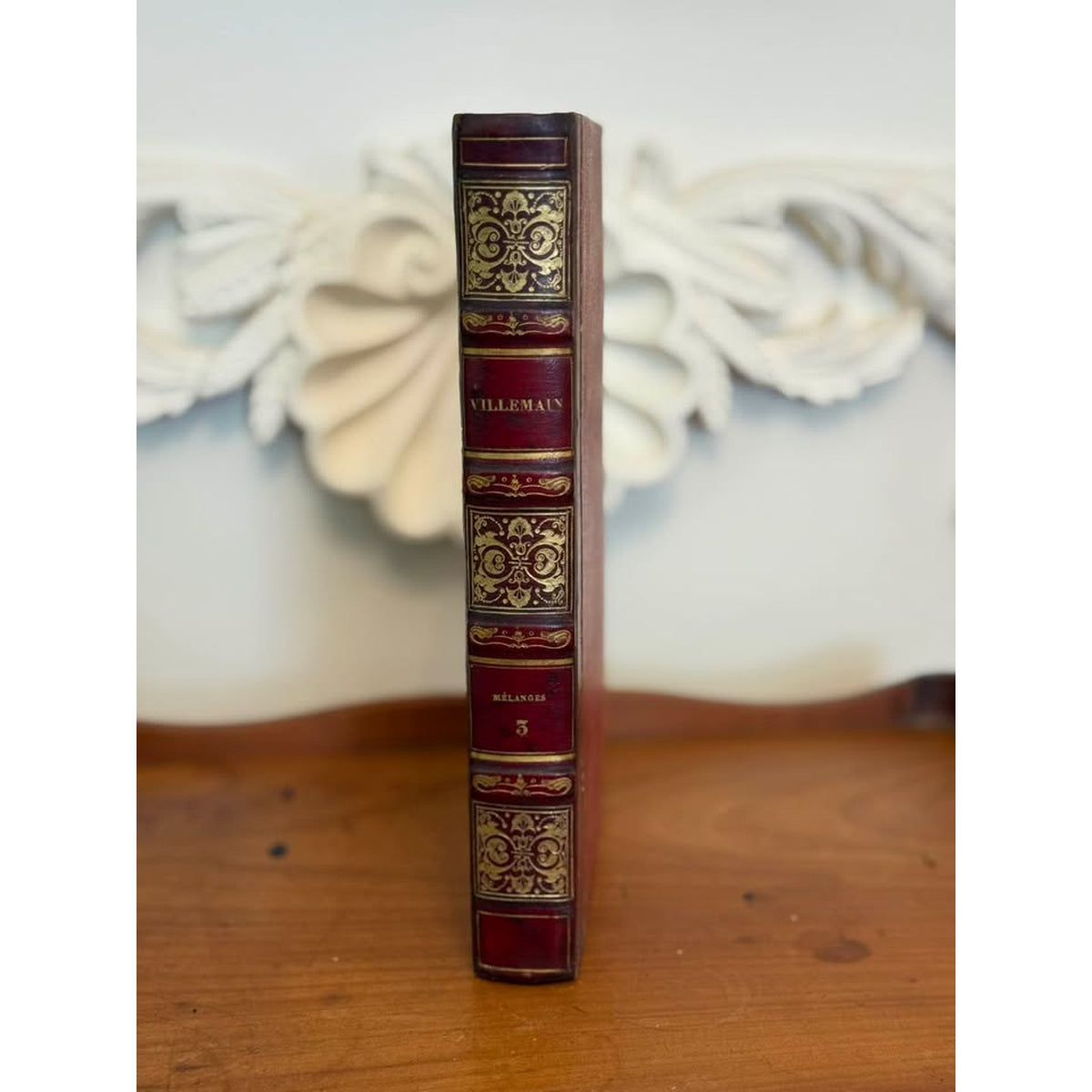 1828 Antique French Leather Bound Book, Villemain, Gilt Decorated Spine