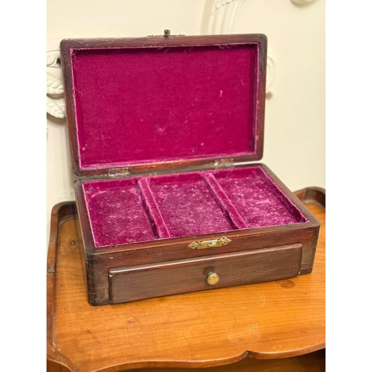 Antique Victorian Mahogany Jewelry Box Dovetail Drawer Purple Velvet Interior