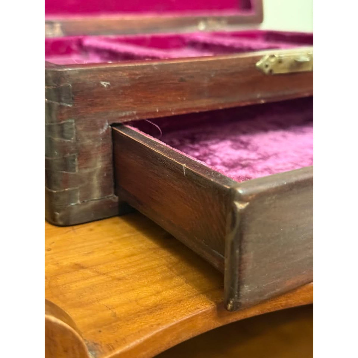 Antique Victorian Mahogany Jewelry Box Dovetail Drawer Purple Velvet Interior