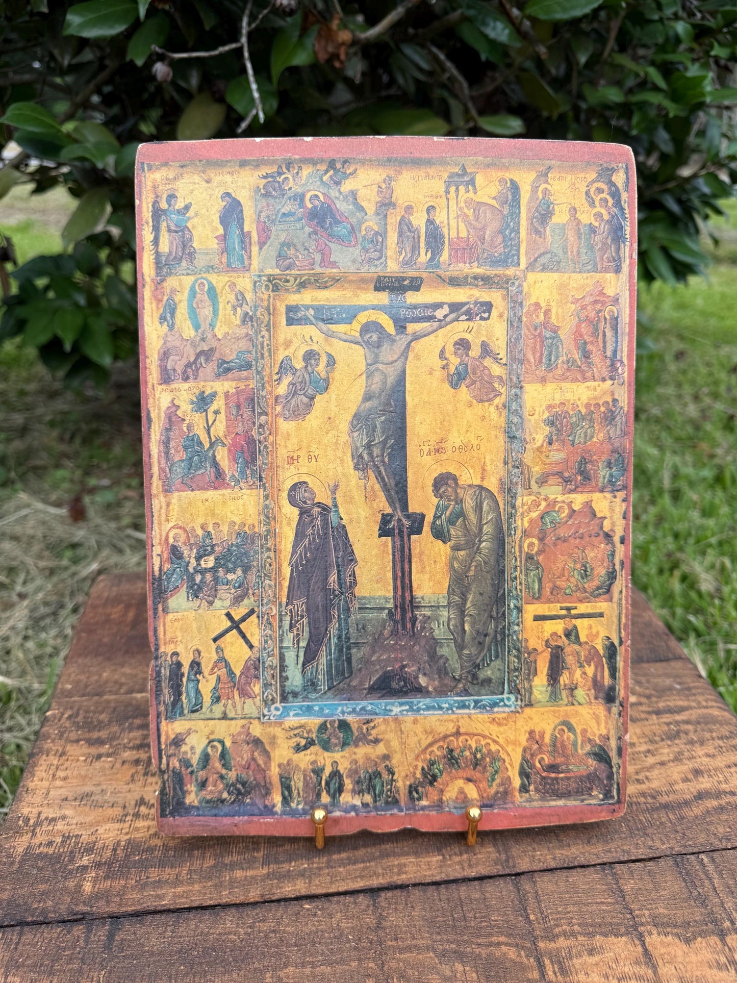 Greek Orthodox Crucifixion Icon with New Testament Scenes | Vintage Thessaloniki Icon Panel, 12x9"